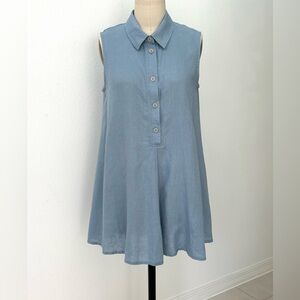 Flax I Am Happy Tunic Dress Light Blue Linen Sleeveless 3/4 Button Front S